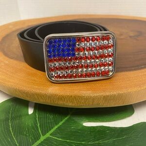 Newport New Rhinestone Patriotic American Flag Buckled Black Belt size: S